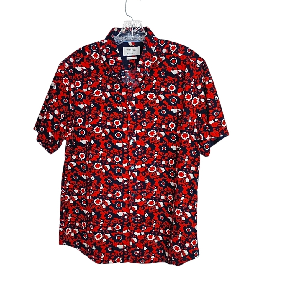 Denim & Flower - Men's Red Floral Short-Sleeve Button-Up Shirt - SizeL